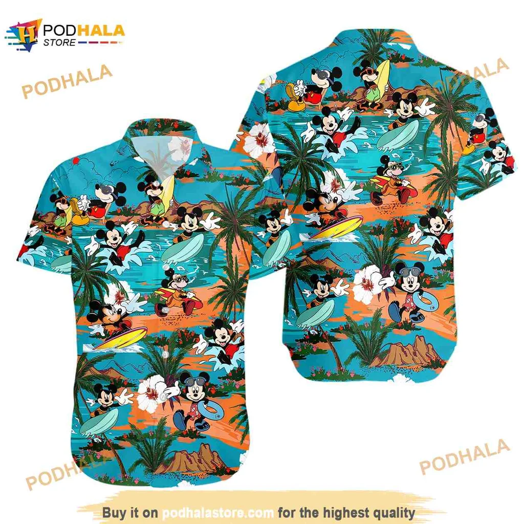 Mickey Mouse Tropical Hawaiian Shirt With Surfing And Beach Scene