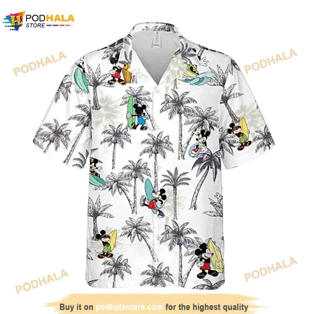 Mickey Mouse Tropical Hawaiian Shirt With Surfing And Palm Trees