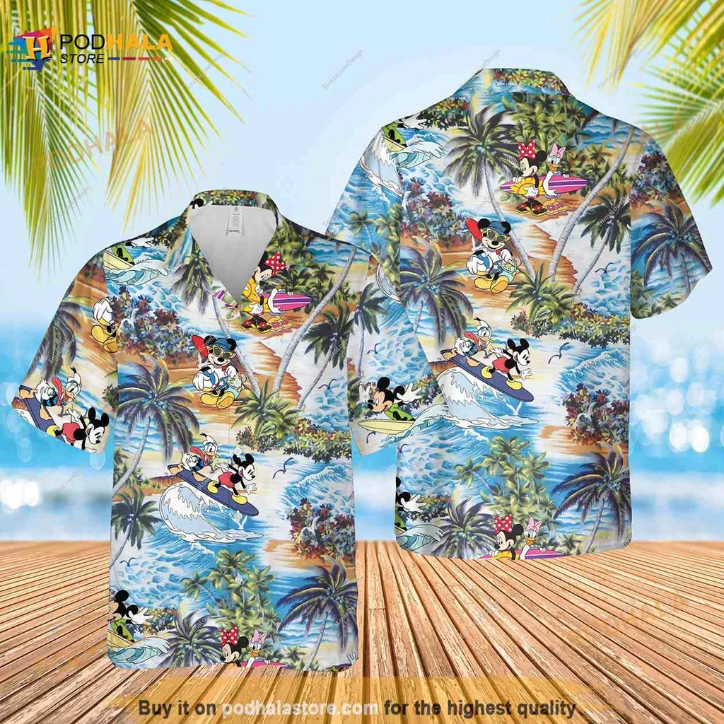Mickey Mouse Tropical Hawaiian Shirt With Surfing Friends
