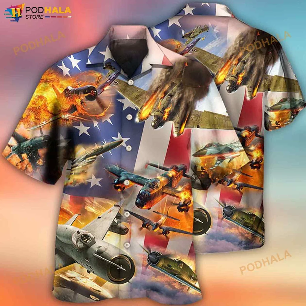 Military Aircraft Hawaiian Shirt With American Flag Design For Independence Day Military Aircraft Hawaiian Shirt With American Flag Design For Independence Day