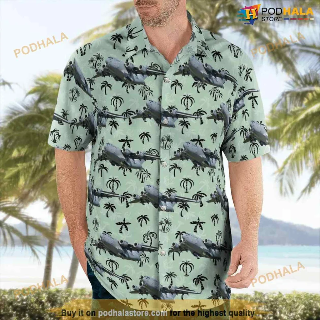 Military Aviation Hawaiian Shirt Featuring C 17 Globemaster Iii And Tropical Design