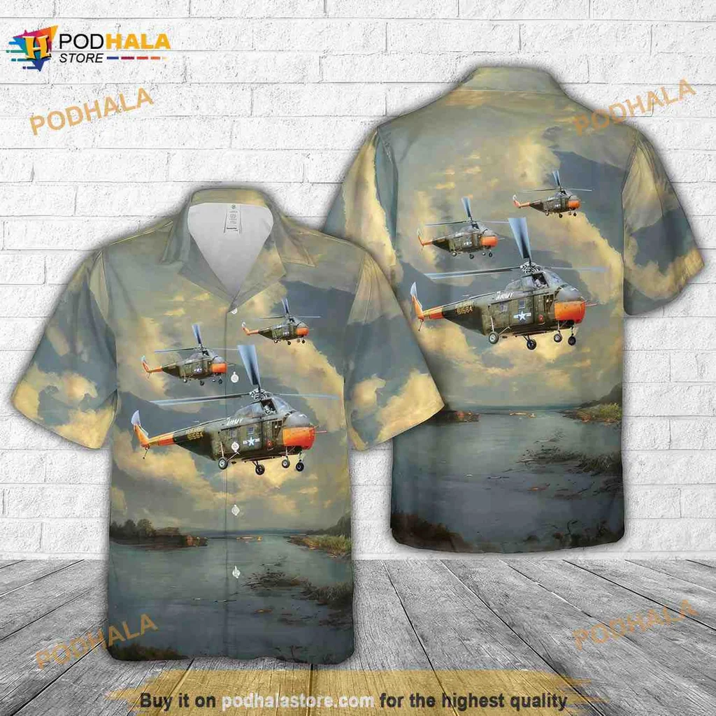 Military Aviation Hawaiian Shirt Featuring Helicopters Over Tranquil Landscape