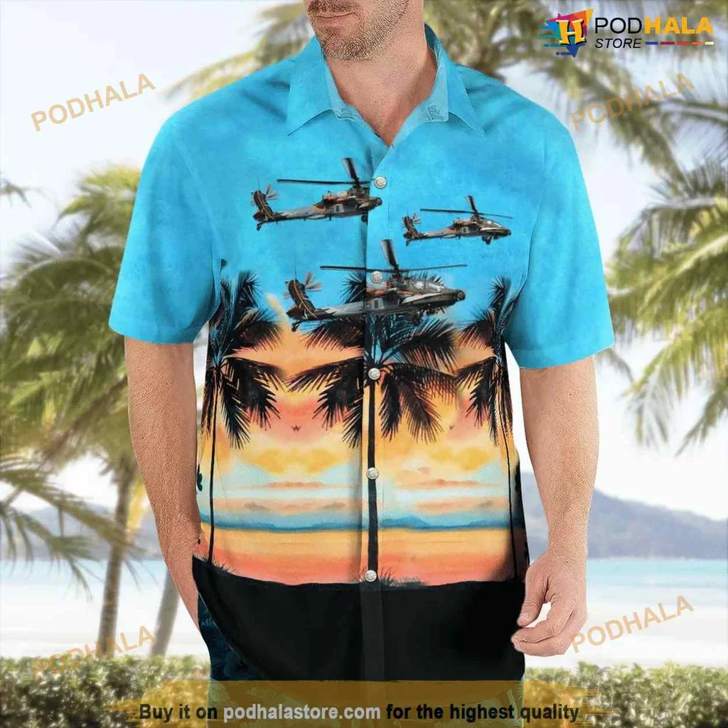 Military Aviation Hawaiian Shirt With Helicopters And Tropical Sunset