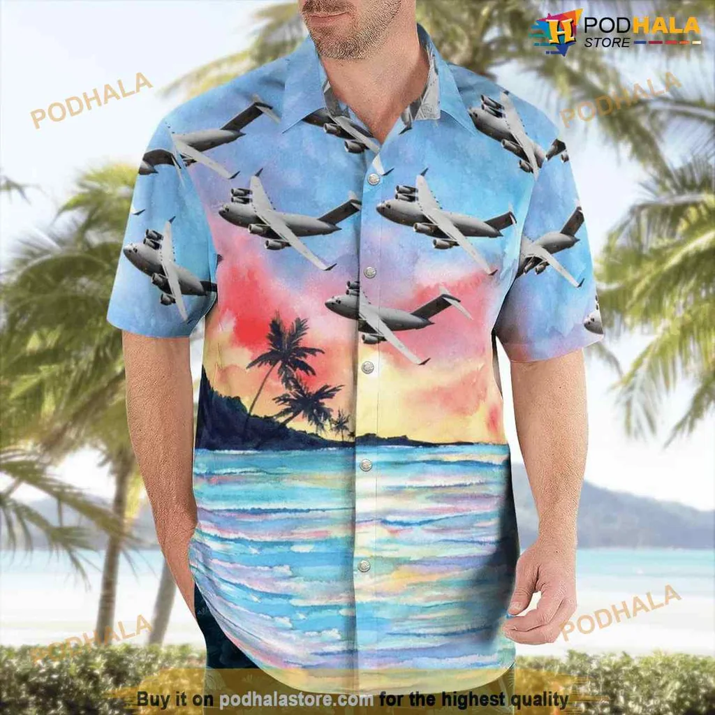 Military Aviation Tropical Shirt With Sunset And Aircraft Design