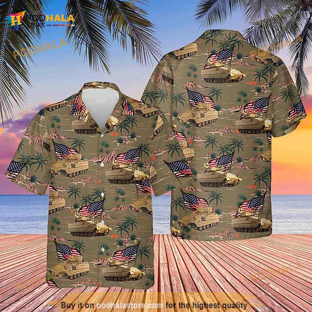 Military Camouflage Hawaiian Shirt With American Flags And Tropical Motifs