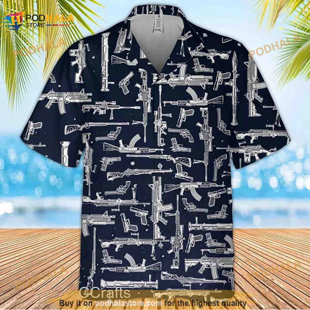 Military Firearms Hawaiian Shirt, Bold Tactical Design For Veterans