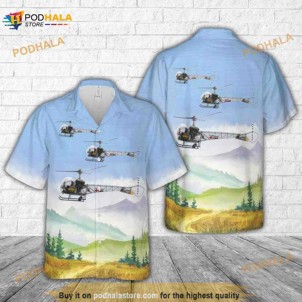 Military Helicopter Hawaiian Shirt Featuring Scenic Landscape Design