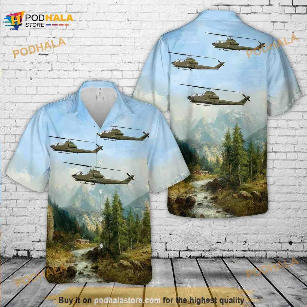 Military Helicopters Hawaiian Shirt Featuring Scenic Mountain Landscape