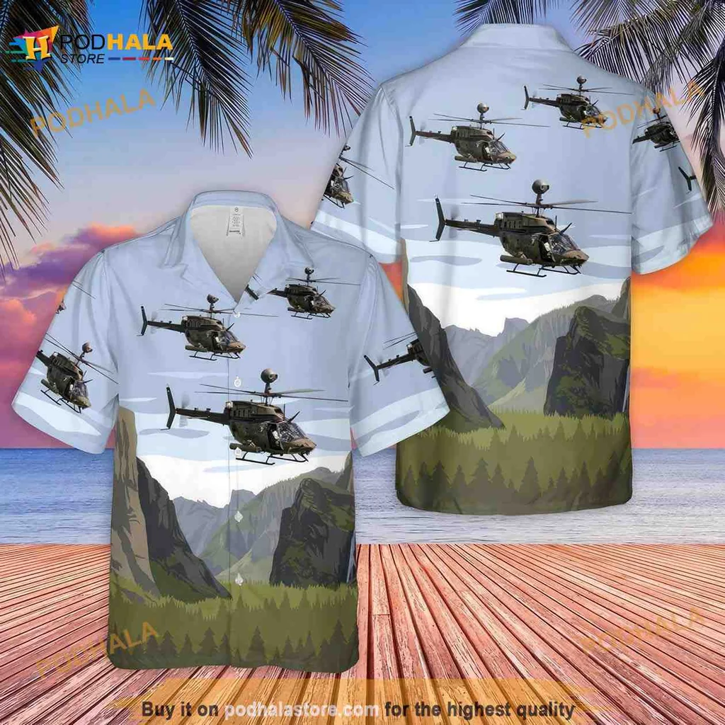 Military Helicopters Hawaiian Shirt With Scenic Mountain Design