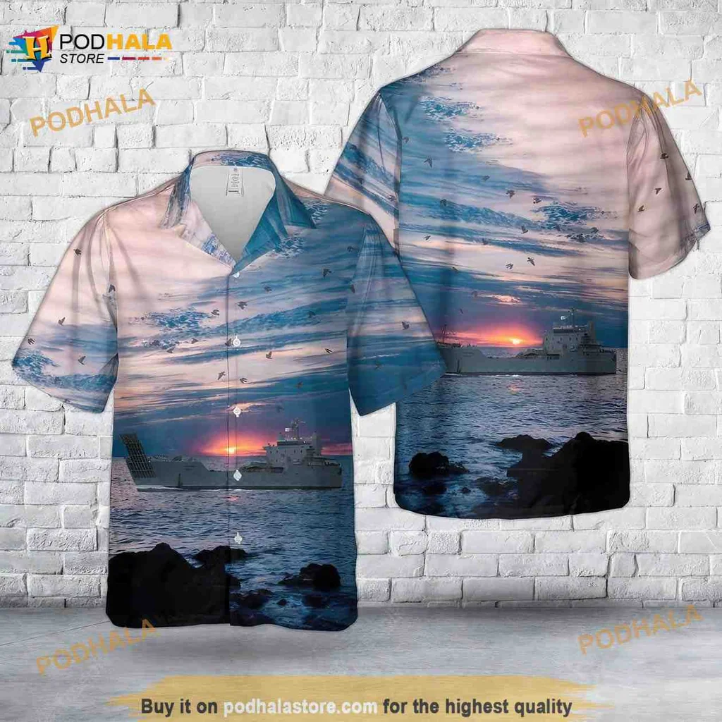 Military Nautical Sunset Hawaiian Shirt With Vibrant Colors And Naval Vessel