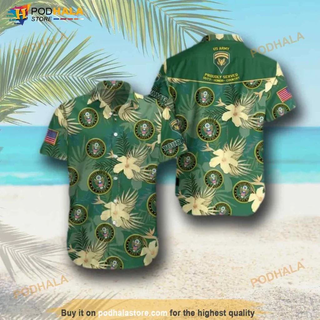 Military Pride Hawaiian Shirt With American Flag And Tropical Design