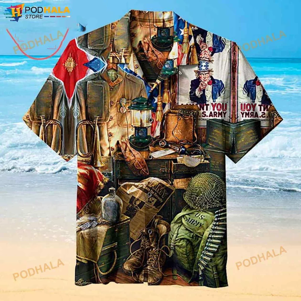 Military Themed Hawaiian Shirt With Gear And American Flag Design
