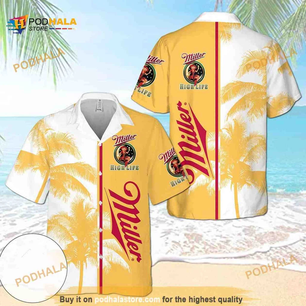 Miller High Life Aloha Shirt, Tropical Palm Trees And Moon Design