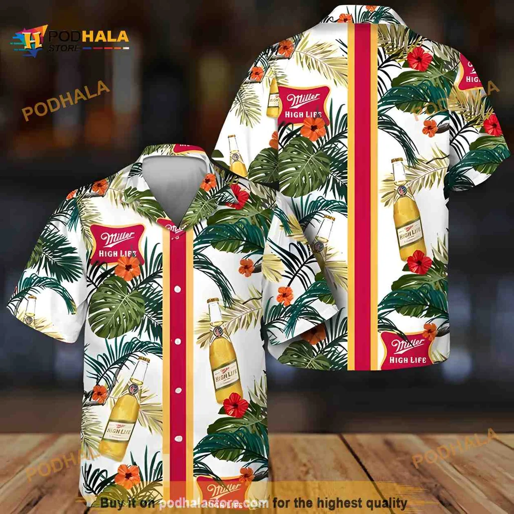 Miller High Life Aloha Shirt, Tropical Summer Flowers Hawaiian Shirt