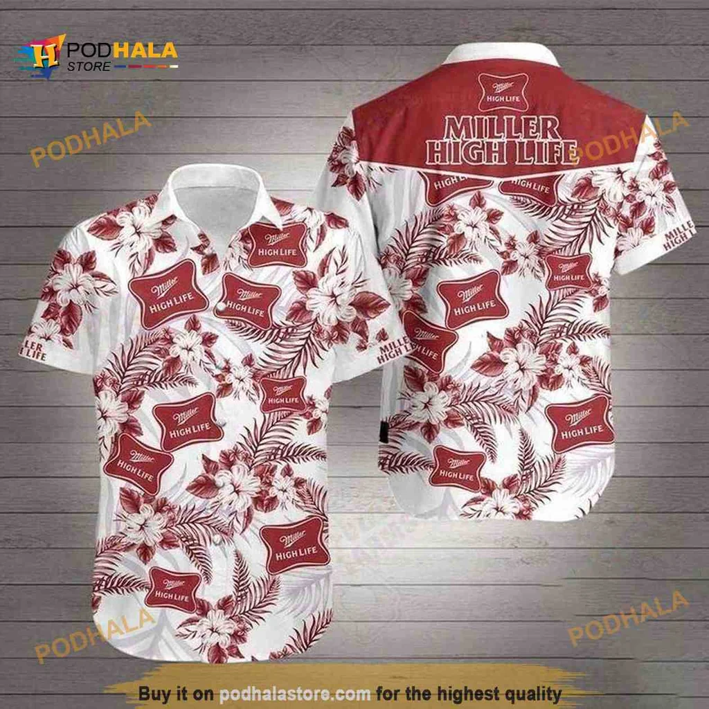Miller High Life Aloha Shirt With Red And White Floral Design