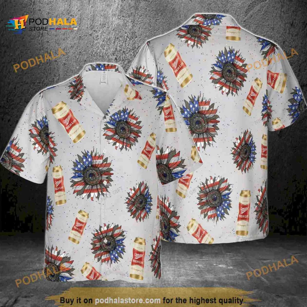Miller High Life Aloha Shirt With Sunflowers And Beer Can Design