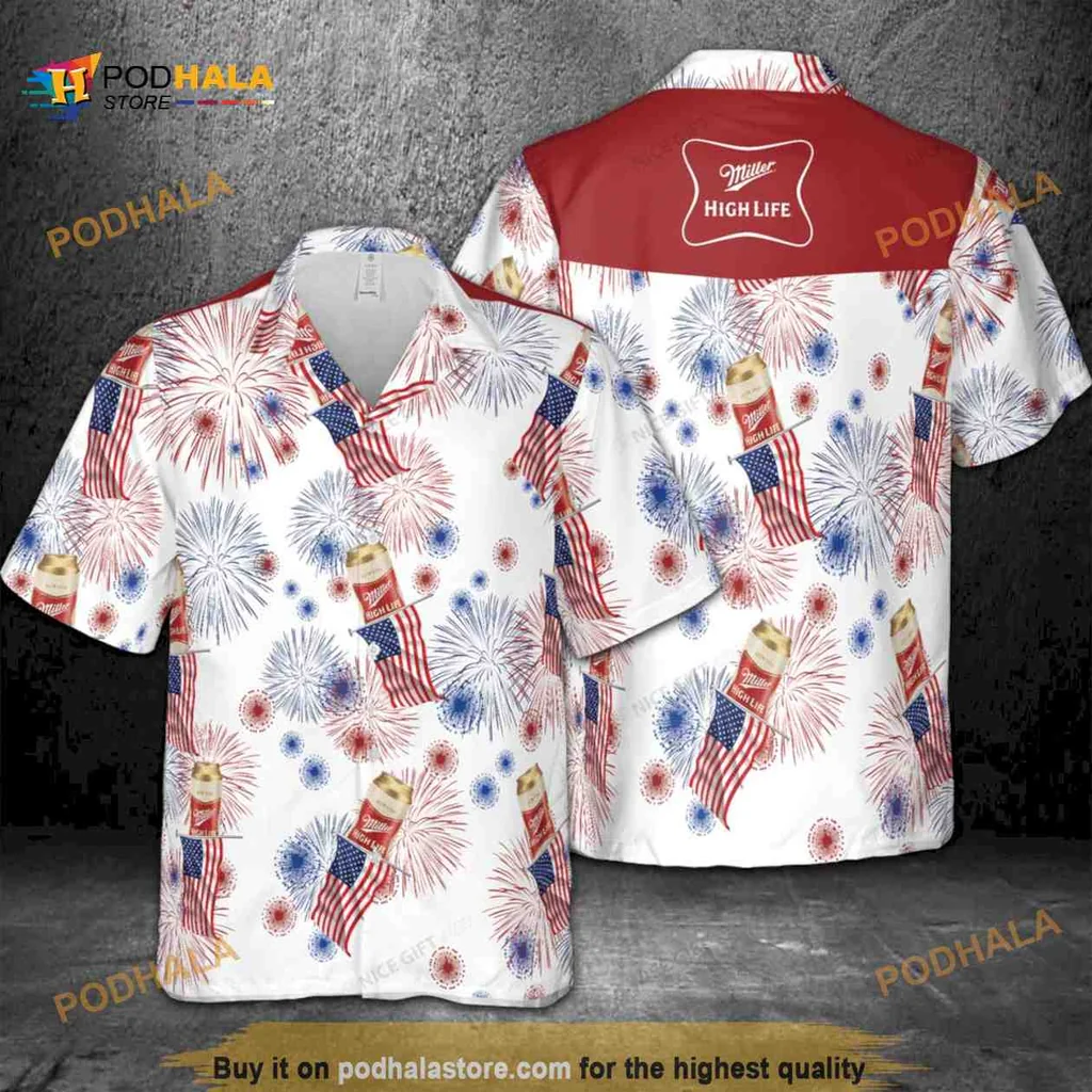 Miller High Life Fireworks Aloha Shirt With American Flag Design