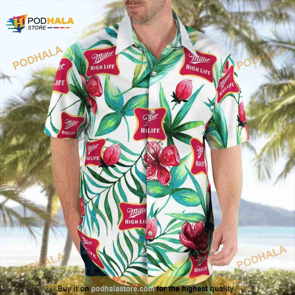 Miller High Life Floral Hawaiian Shirt, Colorful Hibiscus Aloha Style