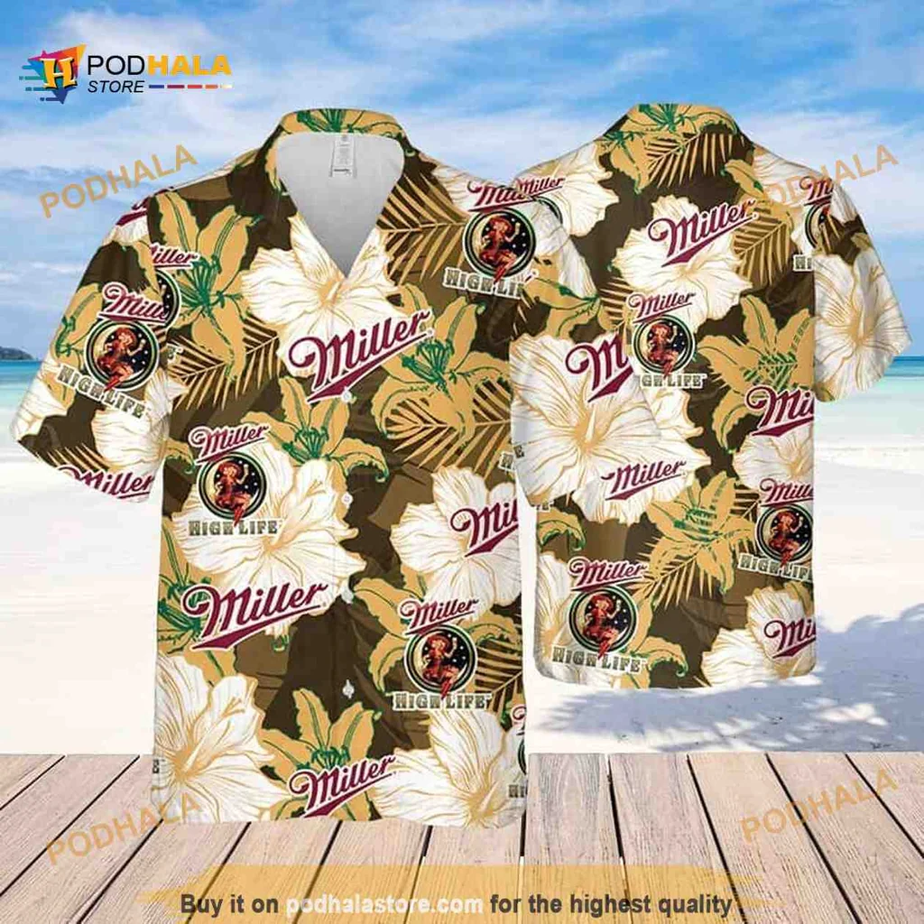 Miller High Life Floral Hawaiian Shirt With Hibiscus Flowers