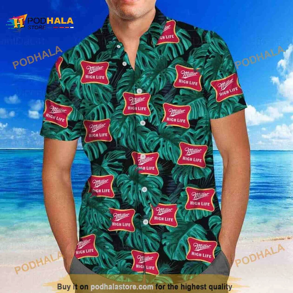 Miller High Life Hawaiian Shirt, Black Aloha With Green Palm Leaves