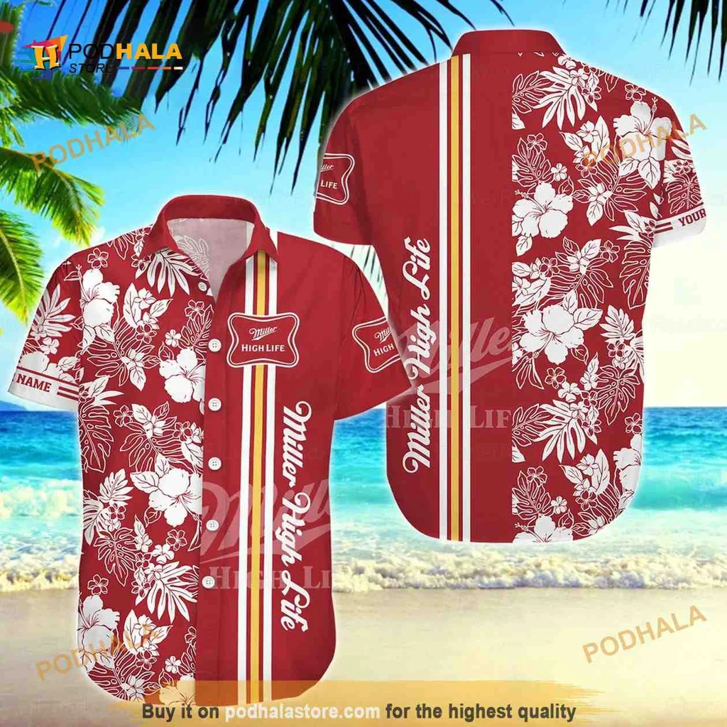 Miller High Life Hawaiian Shirt With White Floral Stripes For Beach Lovers