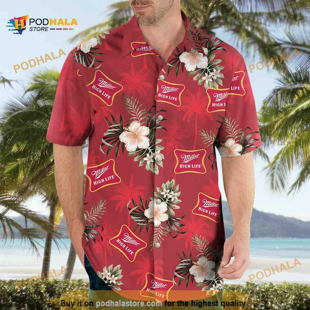 Miller High Life Hawaiian Shirt With White Flowers For Beach Lovers