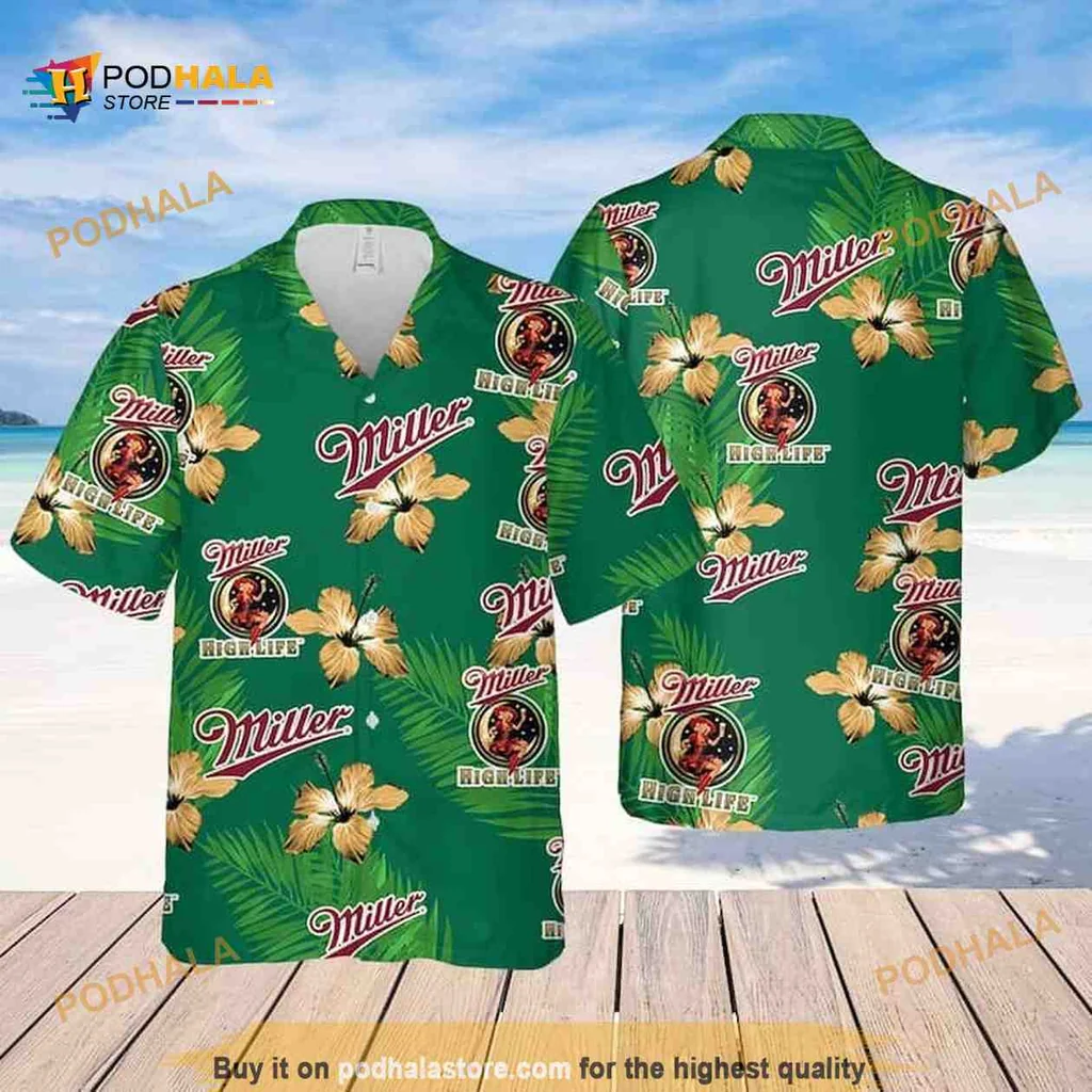 Miller High Life Hibiscus Hawaiian Shirt With Tropical Motifs