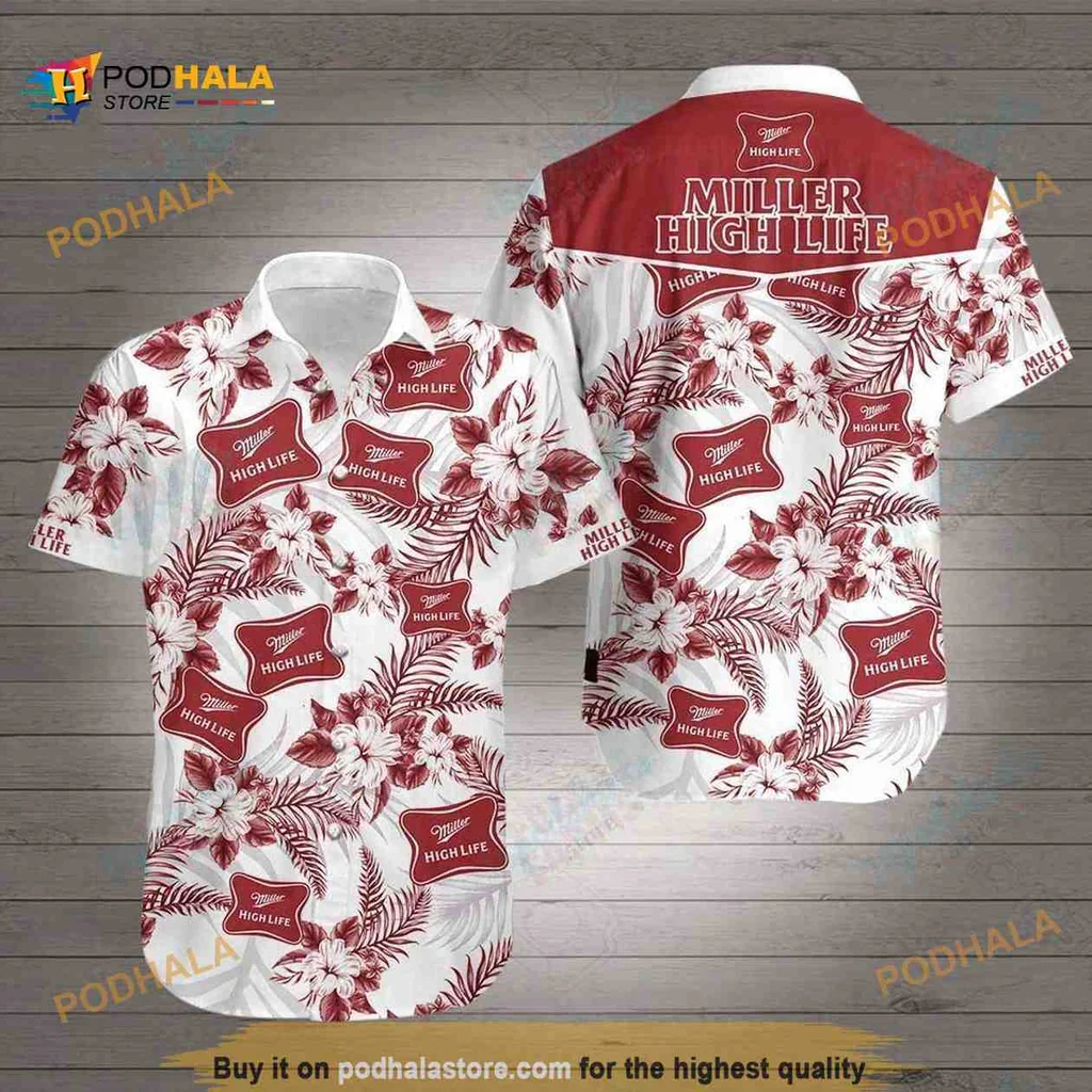 Miller High Life Tropical Aloha Shirt With Bold Hibiscus Design