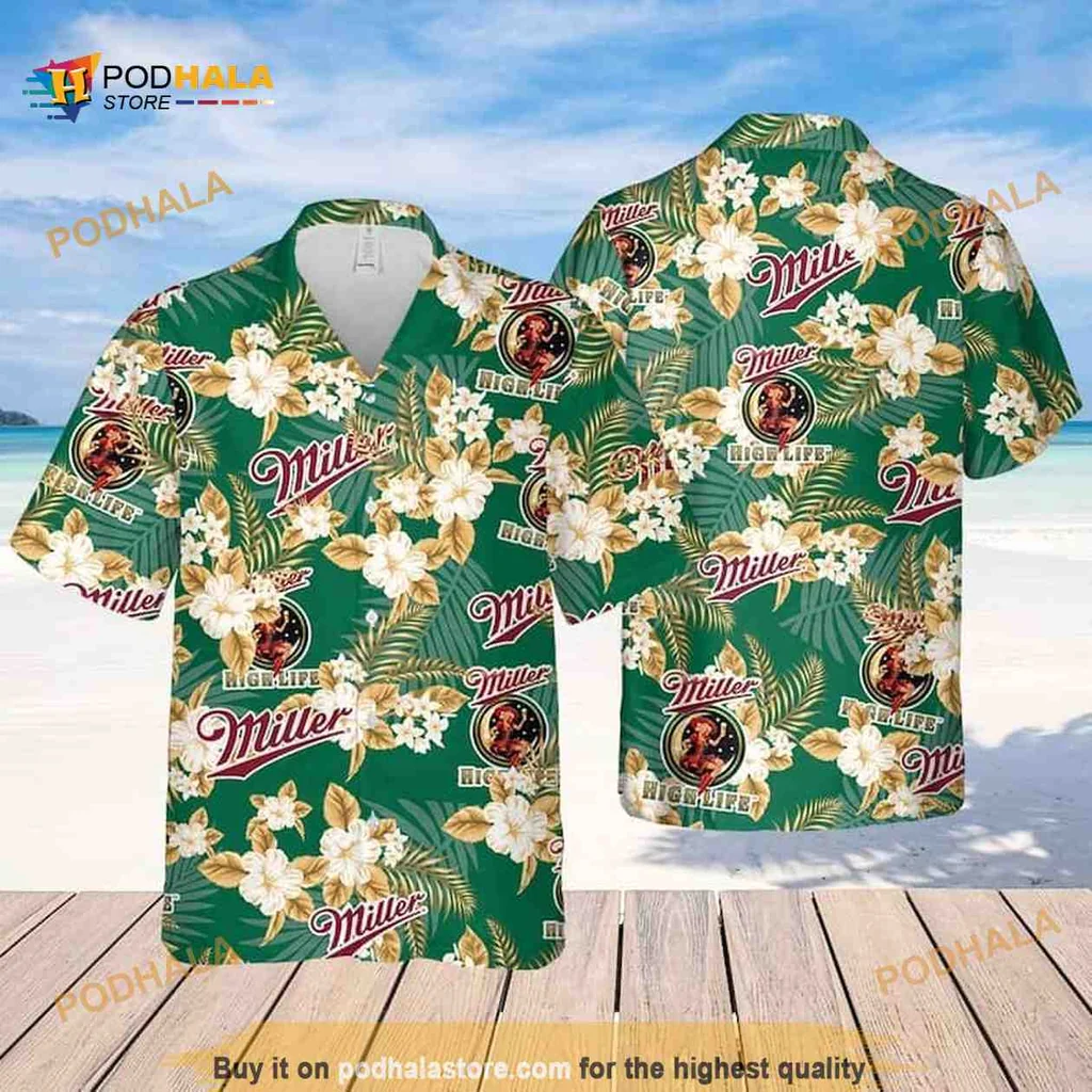 Miller High Life Tropical Hawaiian Shirt With Hibiscus Flowers