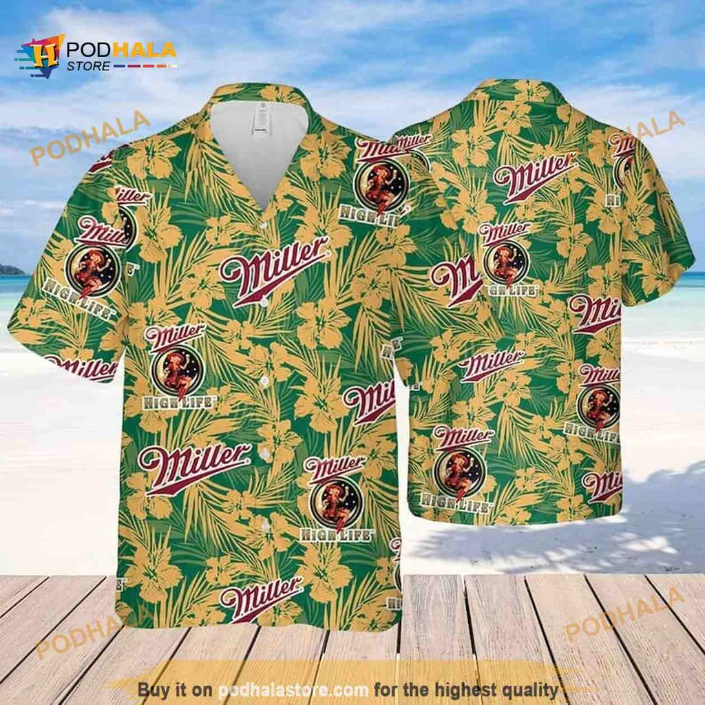 Miller High Life Tropical Hawaiian Shirt With Vibrant Flower Pattern