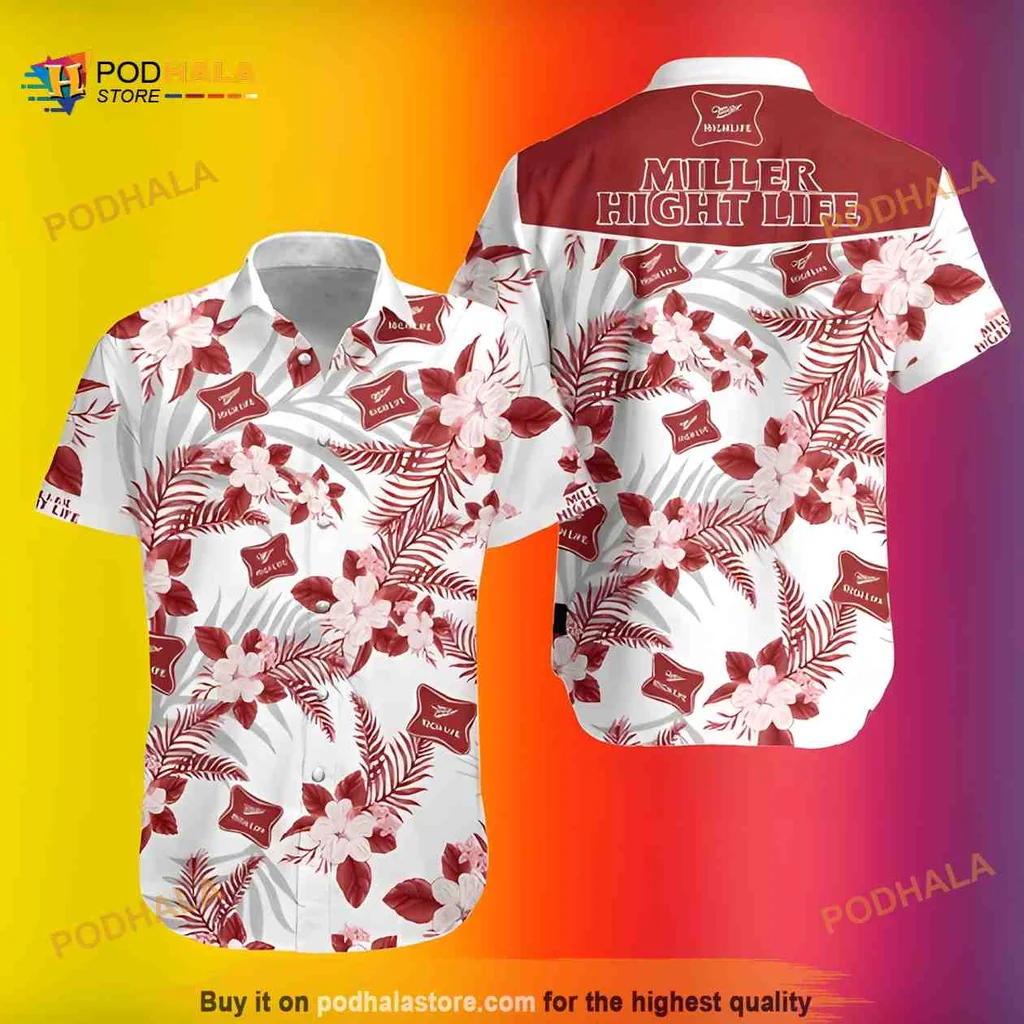 Miller High Life Tropical Shirt With Hibiscus Flowers And Fern Leaves