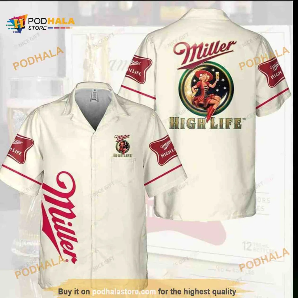 Miller High Life Vintage Aloha Shirt, Retro Drinking Girl Design