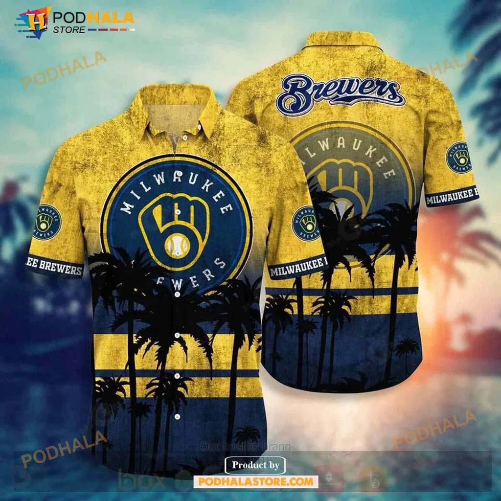 Milwaukee Brewers Aloha Shirt With Palm Trees And Sunset Design