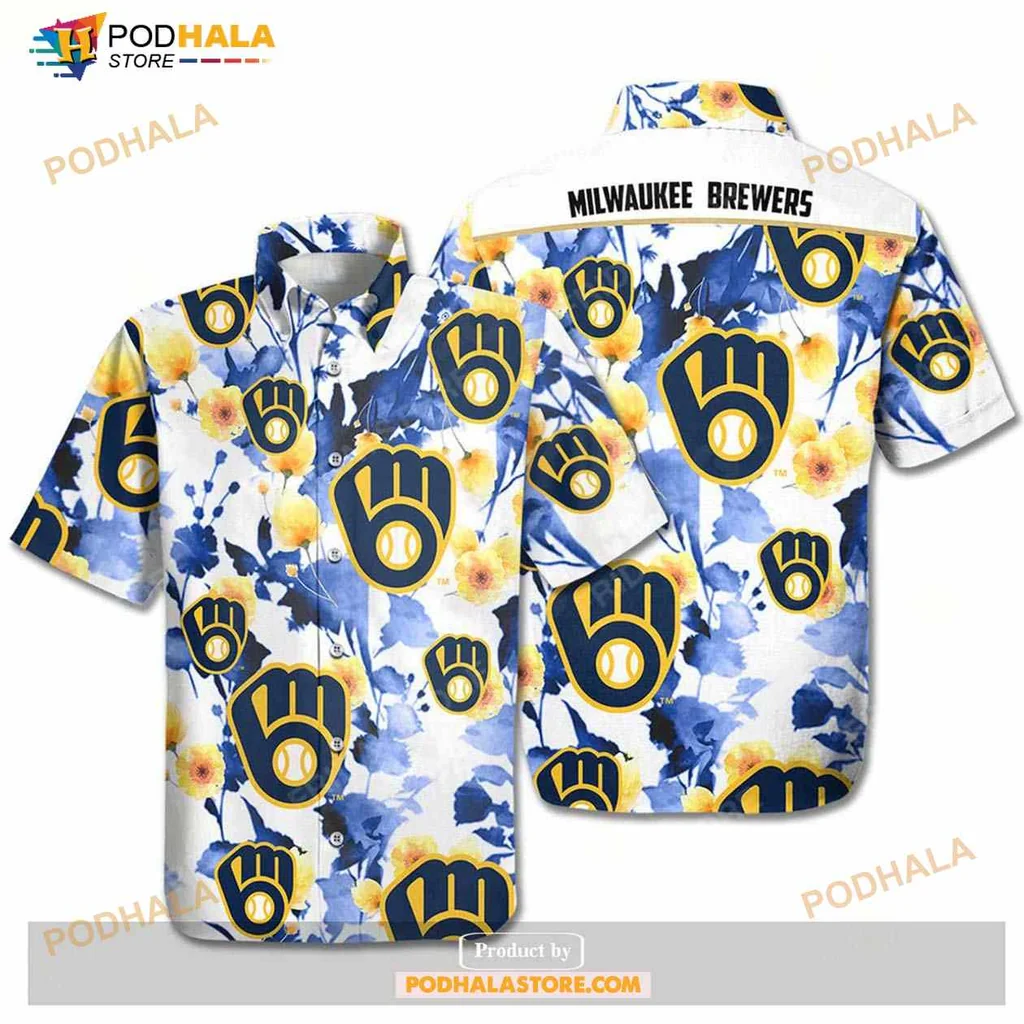 Milwaukee Brewers Floral Aloha Shirt With Blue And White Design
