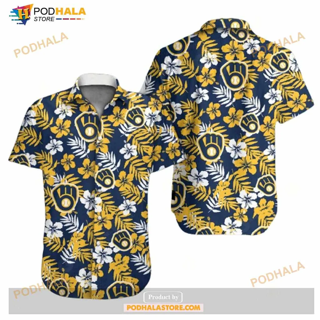 Milwaukee Brewers Hawaiian Shirt With Yellow Hibiscus Flowers