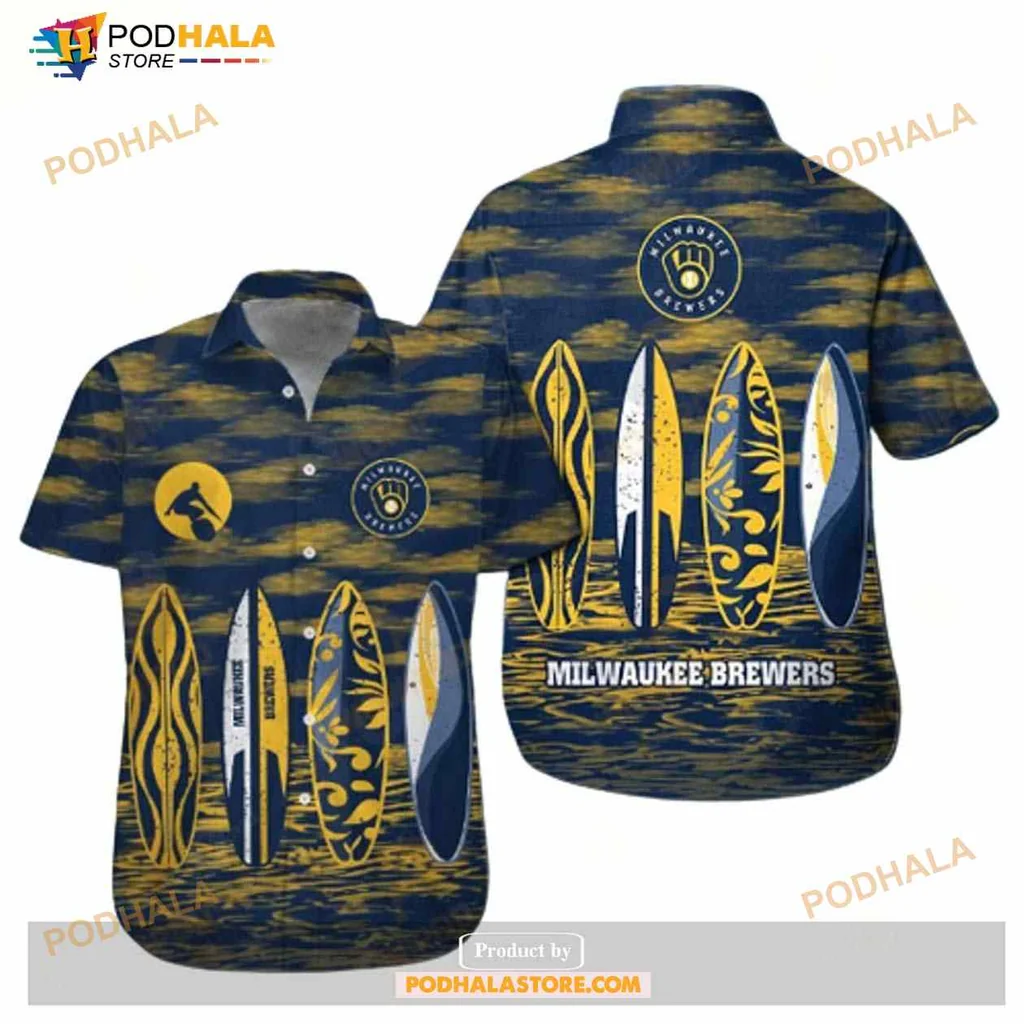 Milwaukee Brewers Surfboard Hawaiian Shirt With Blue And Yellow Waves