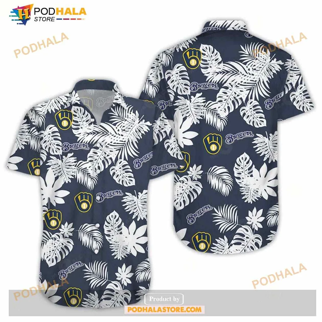 Milwaukee Brewers Tropical Aloha Shirt With Palm Leaves Design