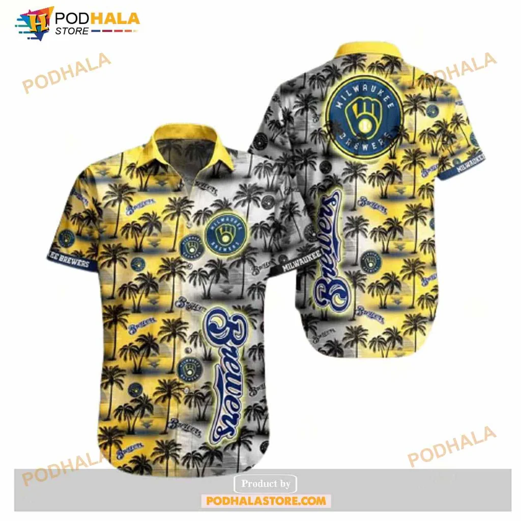 Milwaukee Brewers Tropical Aloha Shirt With Palm Trees And Beach Scene