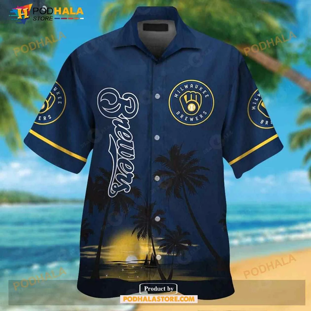 Milwaukee Brewers Tropical Aloha Shirt With Sunset And Palm Trees
