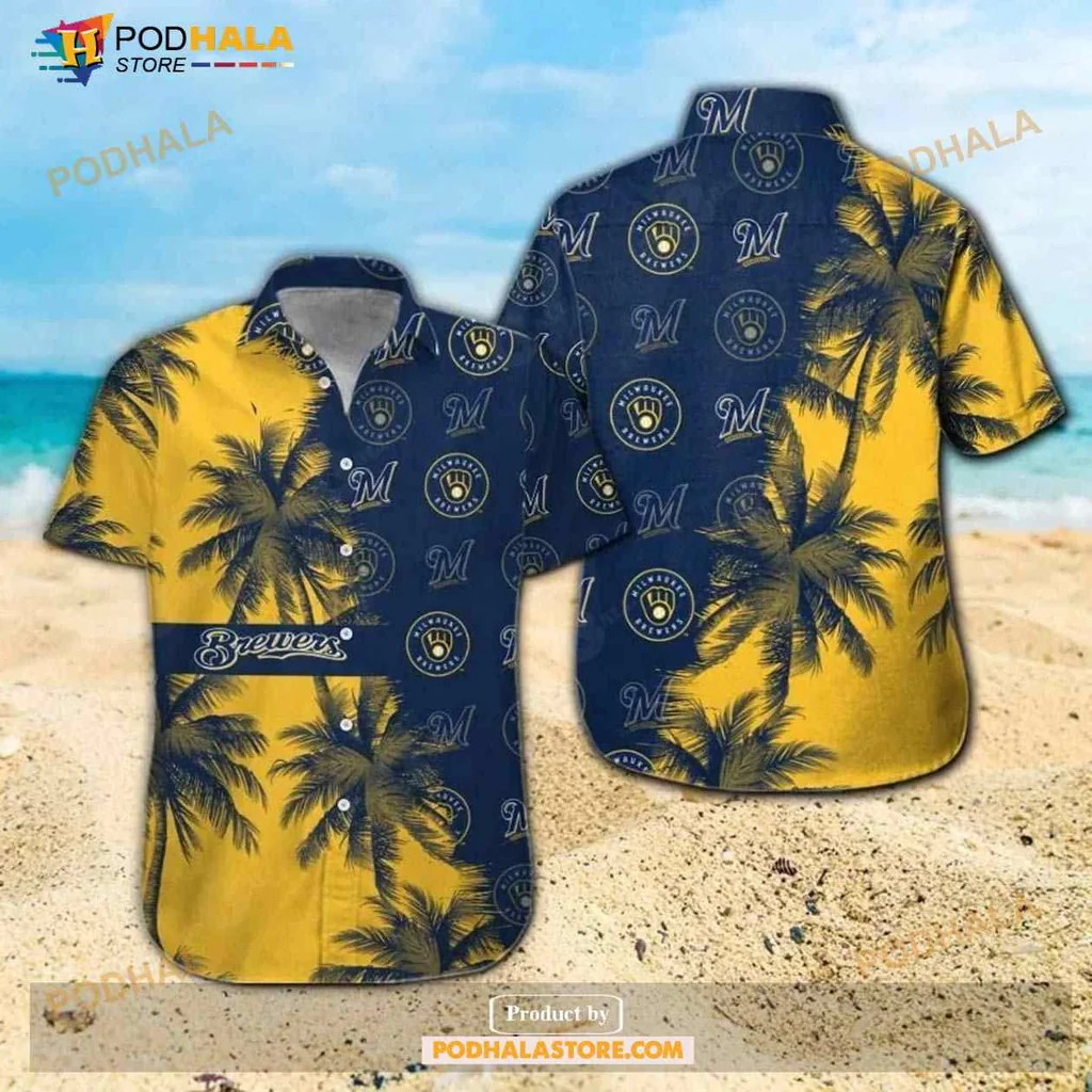 Milwaukee Brewers Tropical Hawaiian Shirt With Blue Yellow Palm Trees