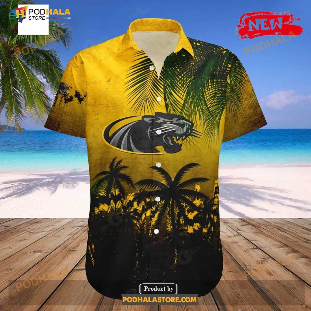 Milwaukee Panthers Tropical Aloha Shirt With Black Panther Head Design Milwaukee Panthers Tropical Aloha Shirt With Black Panther Head Design