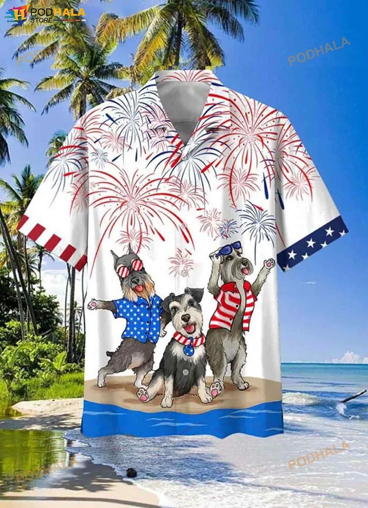 Miniature Schnauzer Funny Hawaiian Shirt With Festive Fireworks Design