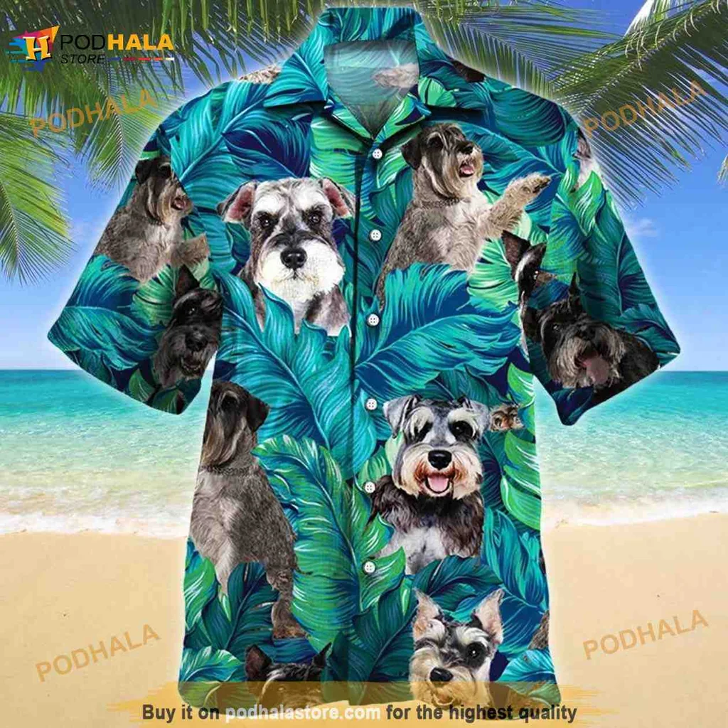 Miniature Schnauzer Hawaiian Shirt With Tropical Green Leaves Design
