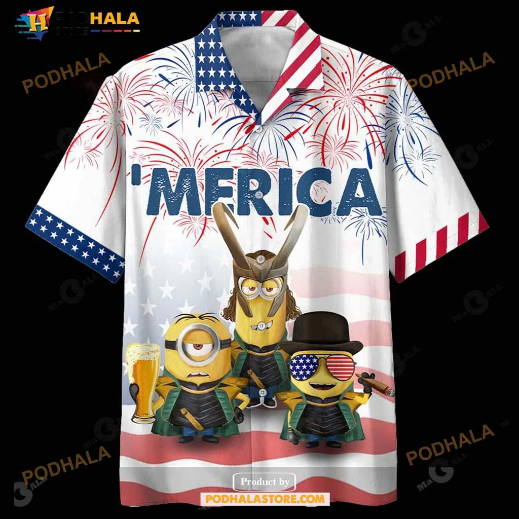 Minions America Funny Hawaiian Shirt With Patriotic Design And Fireworks