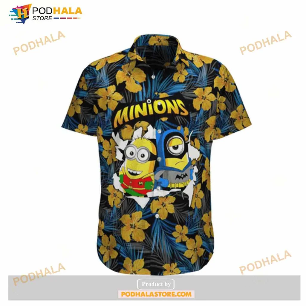 Minions Batman Robin Hawaiian Shirt With Tropical Blue Hibiscus Design