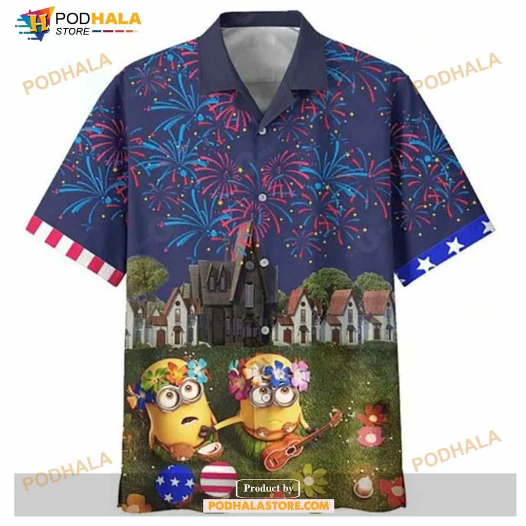 Minions Independence Day Hawaiian Shirt With Fireworks And Patriotic Design