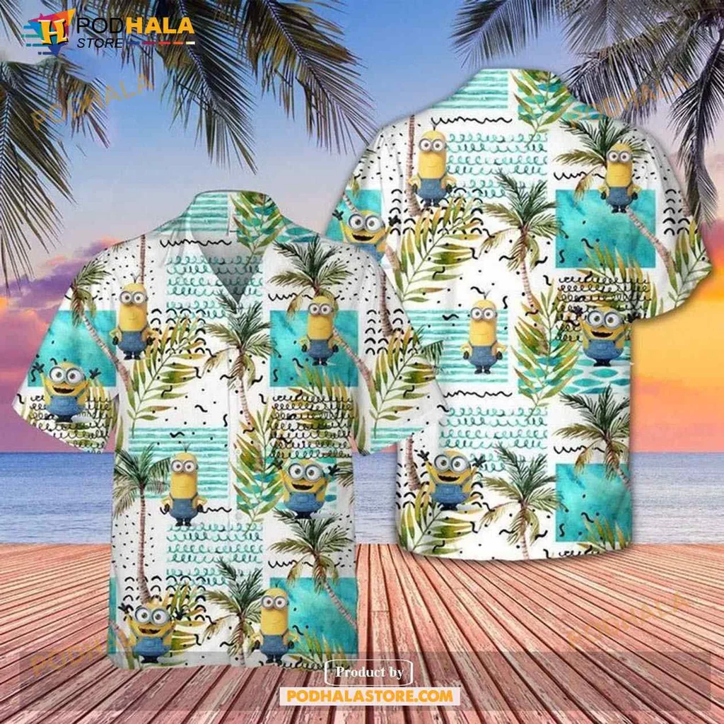 Minions Tropical Aloha Shirt With Fun Palm Trees And Waves Design