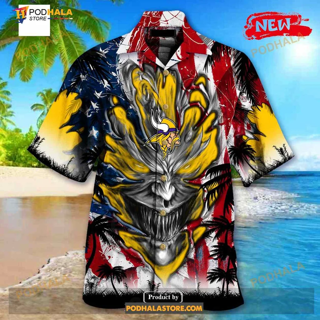 Minnesota Vikings Demon Face Hawaiian Shirt With Us Flag Design