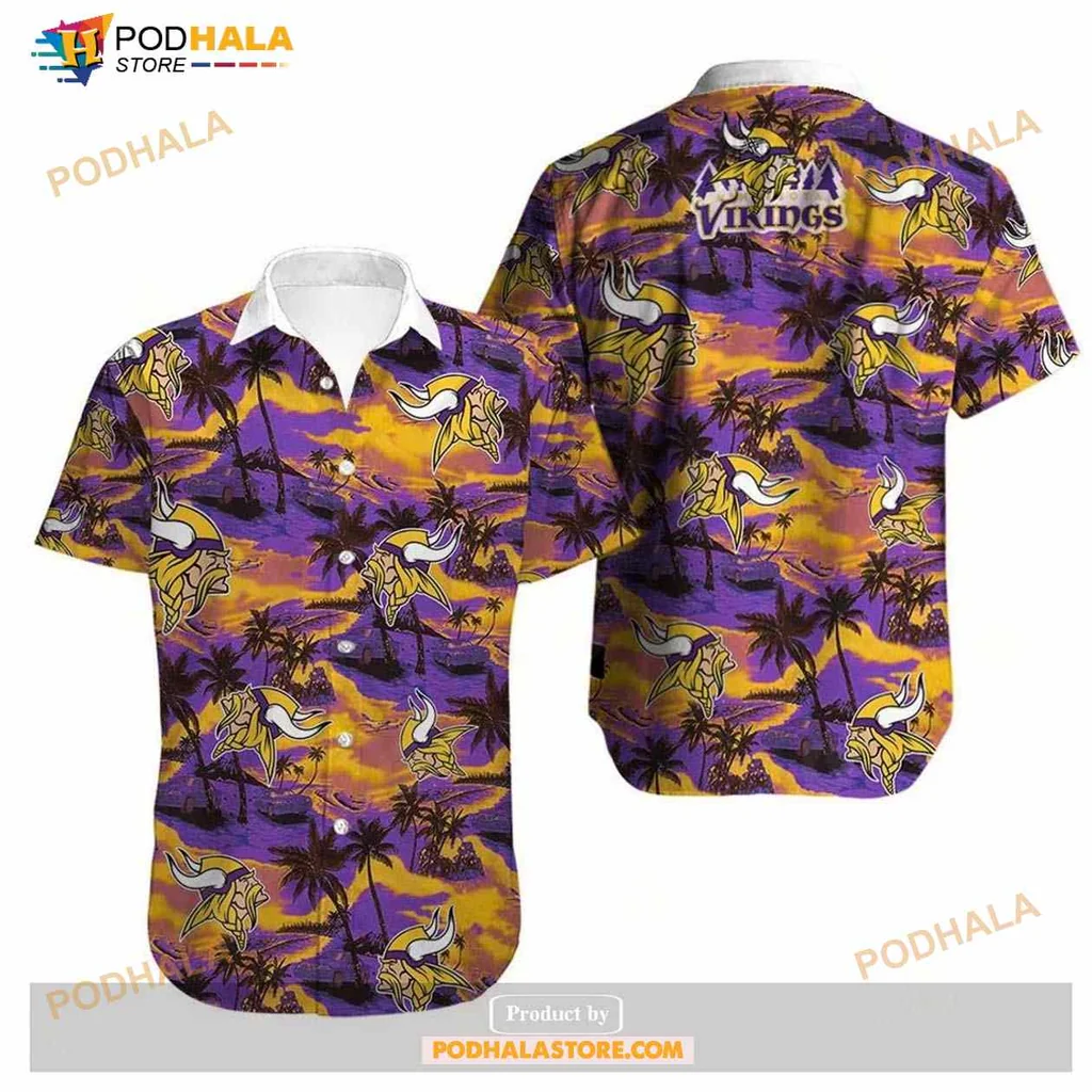 Minnesota Vikings Funny Hawaiian Shirt With Tropical Palm Trees And Sunset