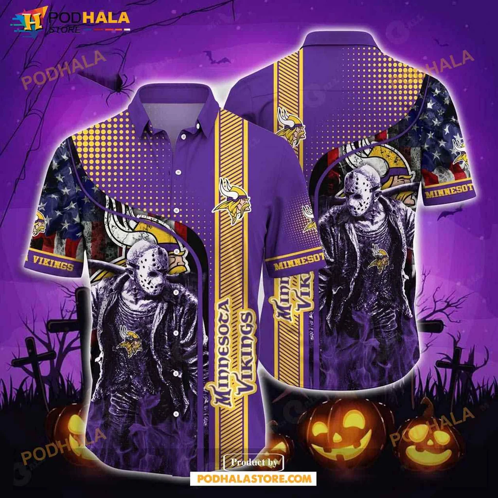 Minnesota Vikings Halloween Aloha Shirt With Skeleton Design